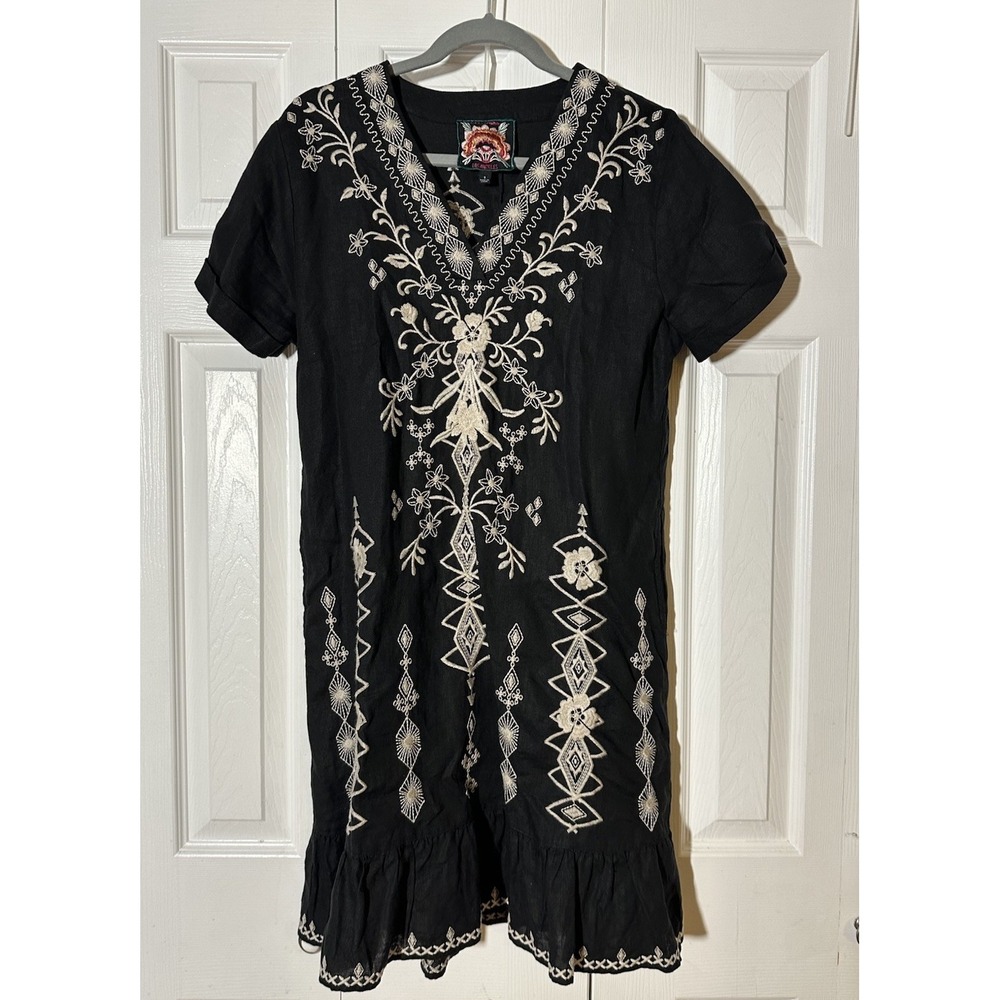 Johnny Was Taria Linen V-Neck Tunic Dress Women S Black Embroidered Boho - Picture 2 of 8